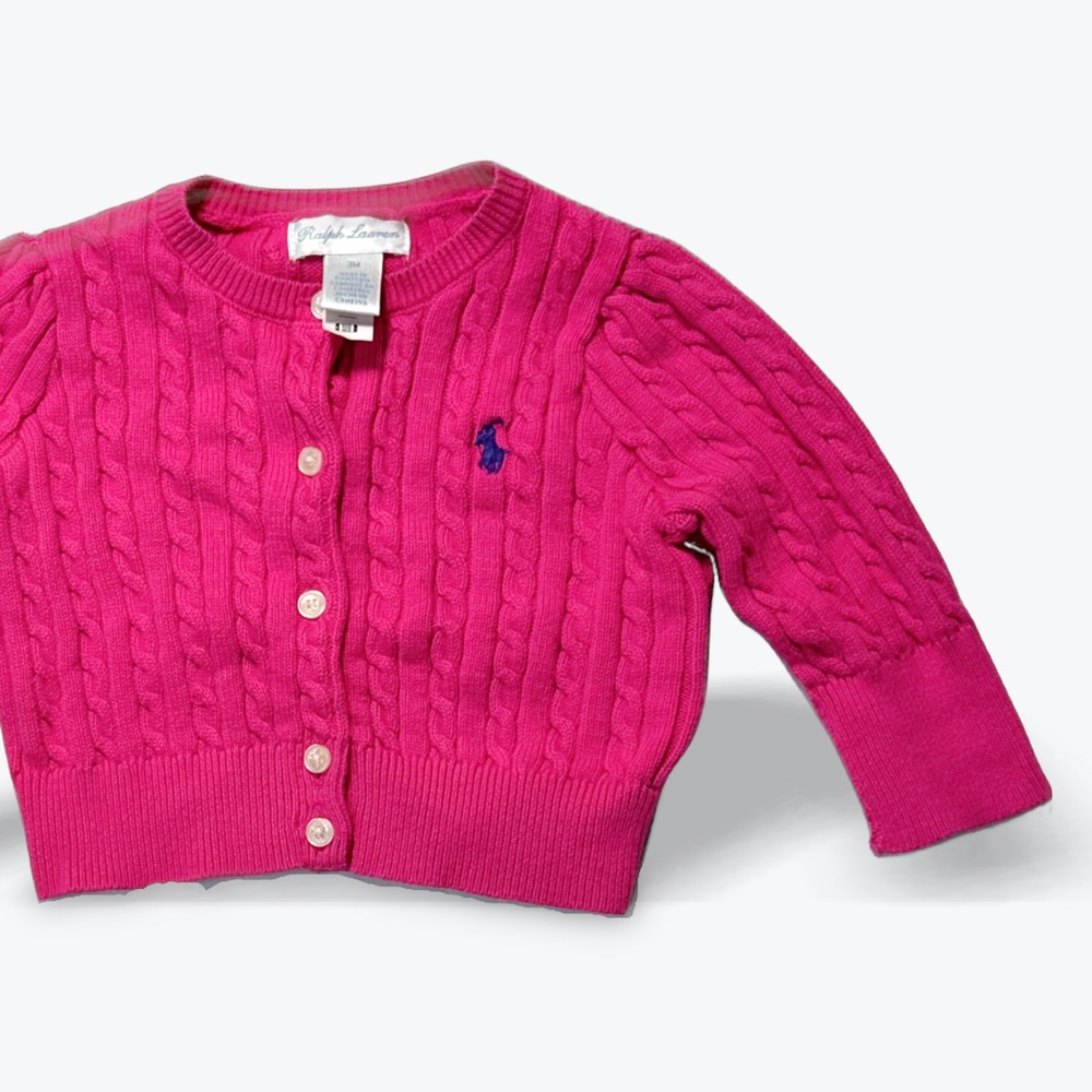 Ralph Lauren Cardigan Sweater Cable Knit Classic Pink Preppy Size 3M Baby